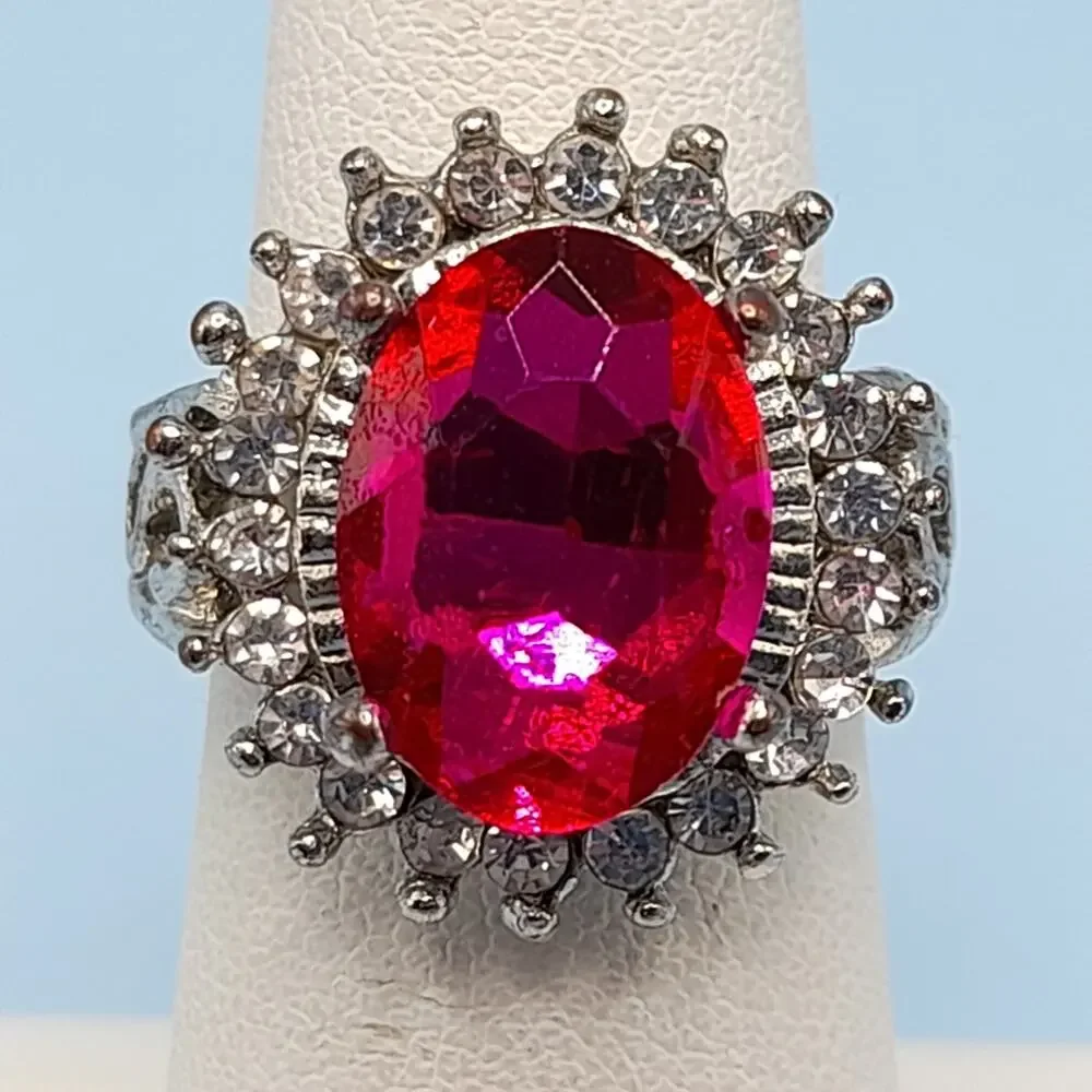 Vintage Pink Glass Cocktail Ring, Size 6.25, Clear Rhinestones, Silver Tone